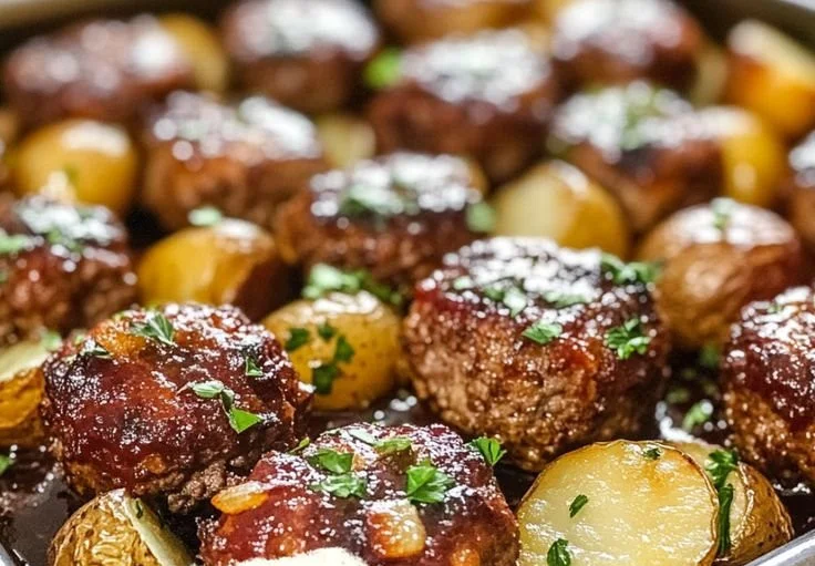 Sheet pan mini meatloaf served with roasted potatoes