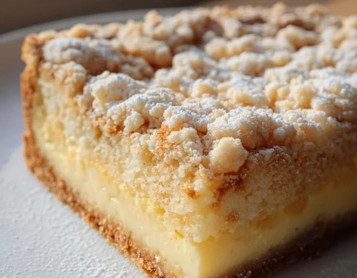 Sheet pan vanilla pudding crumble cake topped with crumble topping.