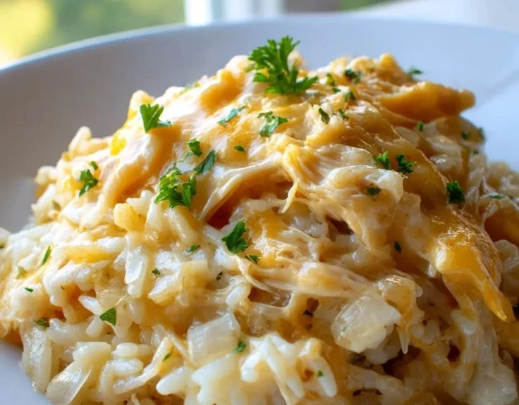 Slow Cooker Angel Chicken and Rice Casserole topped with herbs.