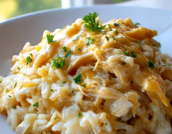 Slow Cooker Angel Chicken Rice Casserole topped with cheese and herbs.