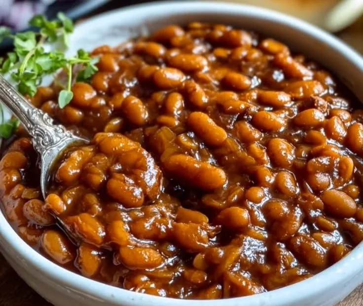Slow cooker baked beans in a rustic bowl garnished with herbs