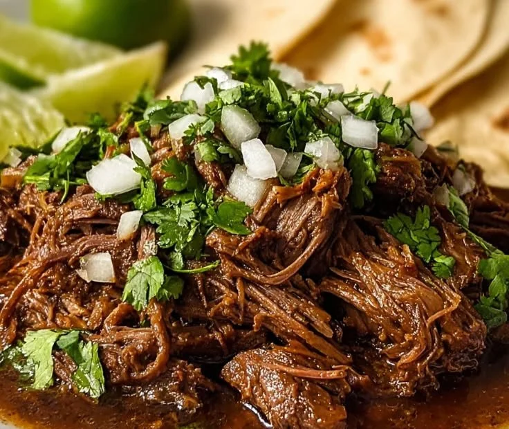Delicious slow cooker barbacoa served on a platter with fresh toppings