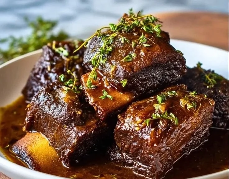 Delicious slow cooker beef short ribs served with vegetables