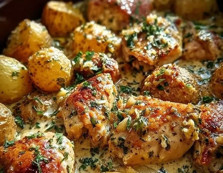 Slow Cooker Garlic Parmesan Chicken served with tender potatoes