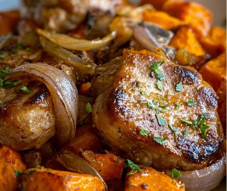 Slow cooker pork chops with sweet potatoes served on a plate