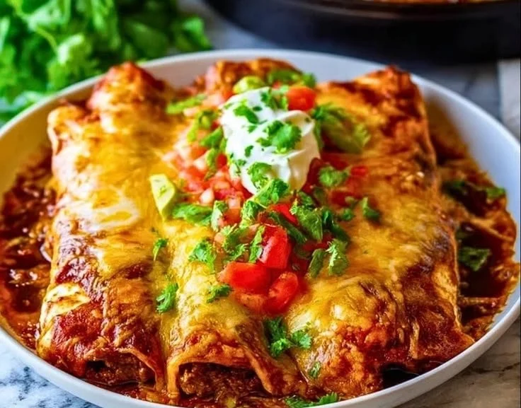 Delicious smothered beef burritos topped with rich sauces and garnished.