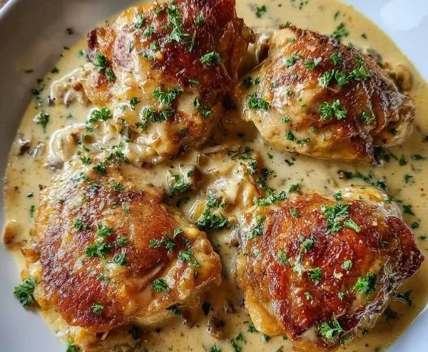 Smothered chicken thighs served in creamy gravy for a delicious meal