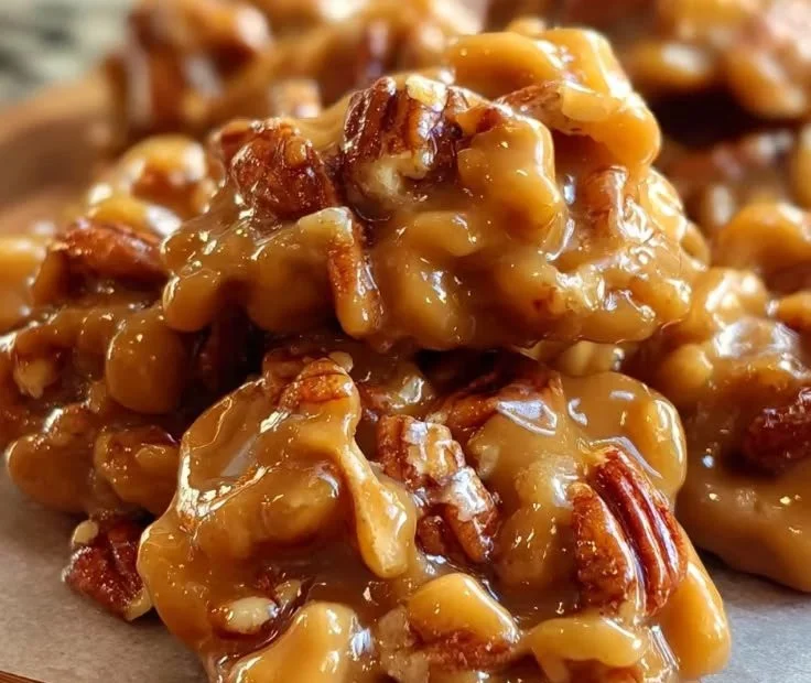 Delicious homemade soft caramel pecan clusters freshly made