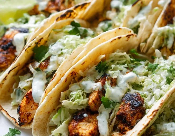Delicious spicy grilled chicken tacos with cilantro lime slaw ready to enjoy.