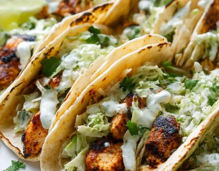 Delicious spicy grilled chicken tacos with cilantro lime slaw