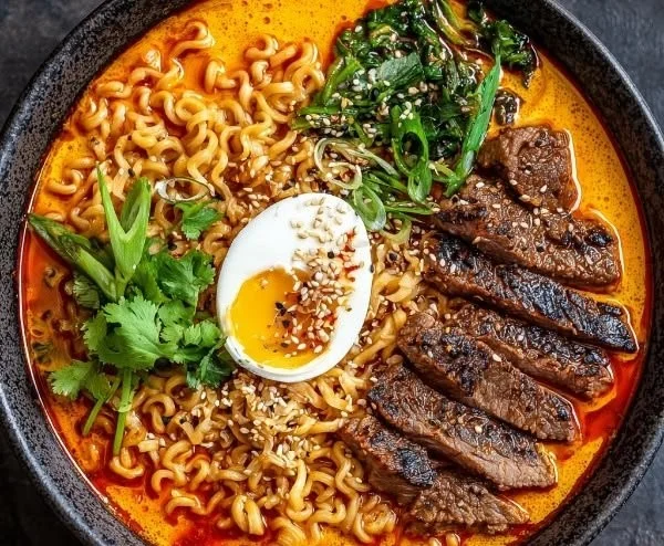 Spicy Korean Ramen with grilled beef, creamy sauce, and vibrant vegetables.