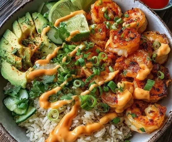 Delicious spicy mayo shrimp rice bowl with fresh vegetables and garnishes