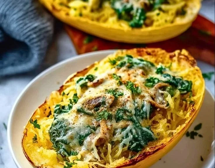 Spinach and cheese stuffed spaghetti squash served on a plate