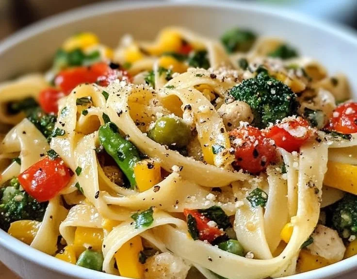 Spring Pasta Primavera with fresh vegetables and pasta served in a bowl