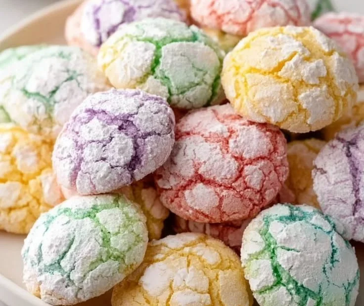 Delicious springtime crinkle cookies dusted with powdered sugar