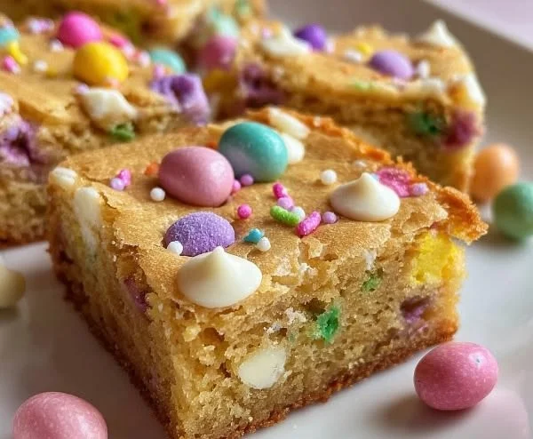 Delicious Springtime Funfetti Blondies topped with colorful sprinkles