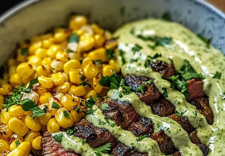 Steak Avocado Bowl garnished with roasted corn and cilantro cream sauce