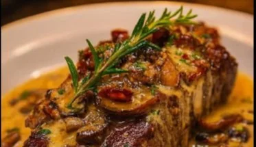 Delicious steak dinner on a plate with sides, showcasing a gourmet meal