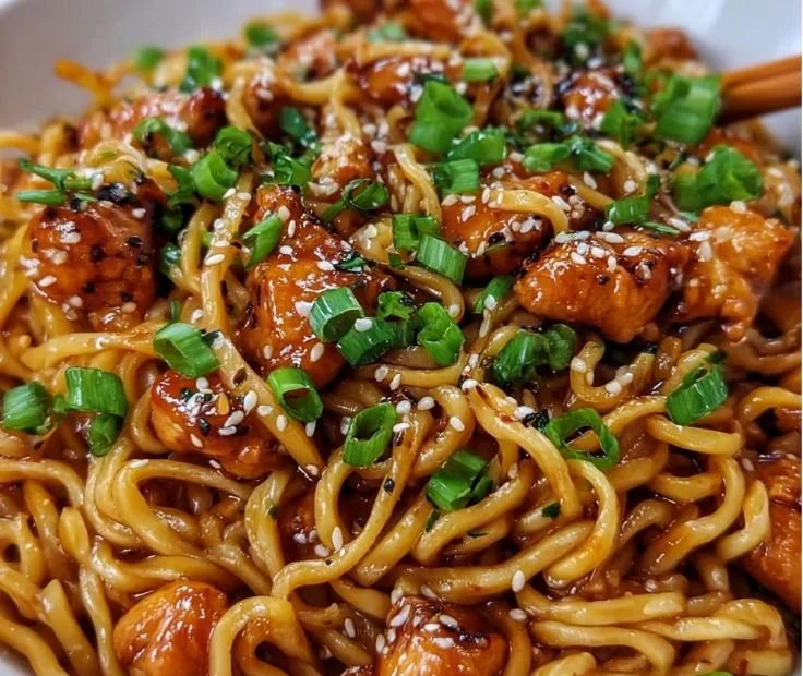 Plate of sticky garlic chicken noodles garnished with green onions