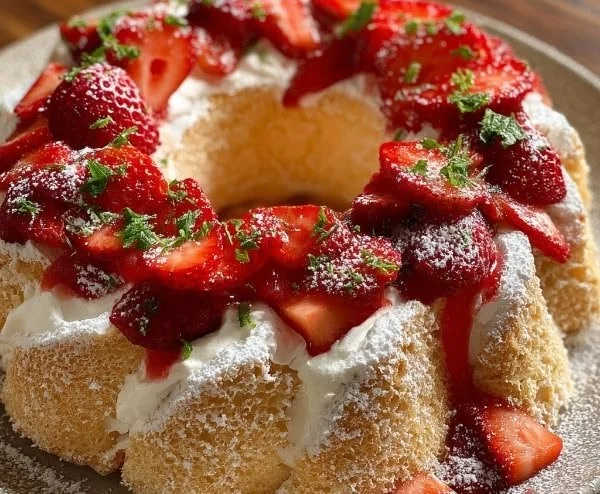 Delicious Strawberry Angel Food Cake topped with fresh strawberries and whipped cream.