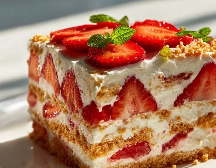Strawberry Cheesecake Icebox Cake with fresh strawberries and creamy layers
