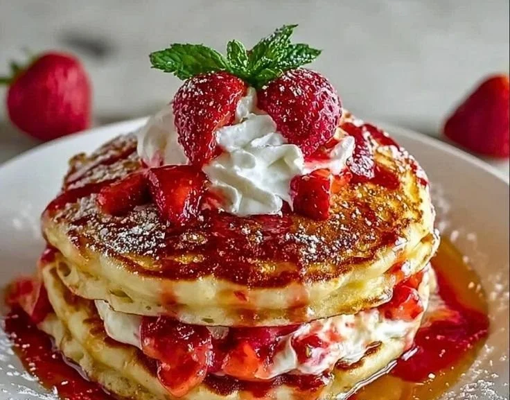 Fluffy Strawberry Cheesecake Pancakes topped with fresh strawberries and whipped cream