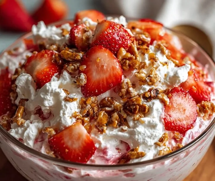 Delicious Strawberry Crackle Salad with fresh strawberries and crunchy toppings