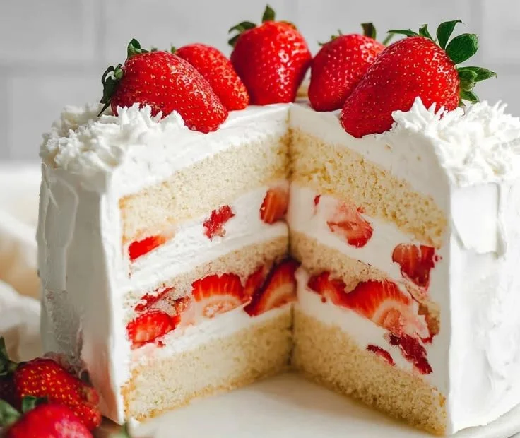 Delicious homemade strawberry cream cake topped with fresh strawberries.