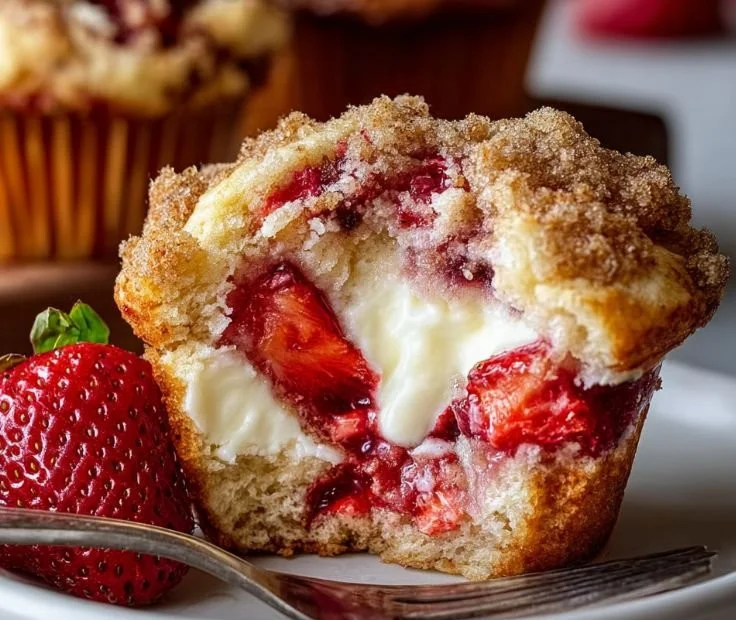 Delicious strawberry cream cheese muffins with fresh strawberries and a creamy swirl
