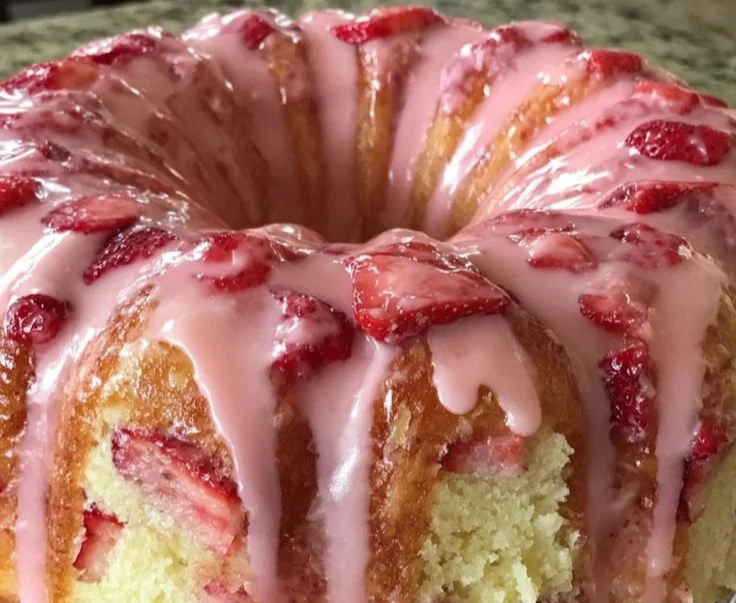 Slice of Strawberry Cream Cheese Pound Cake on a white plate with fresh strawberries