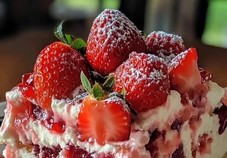 A slice of Strawberry Earthquake Cake topped with fresh strawberries and whipped cream