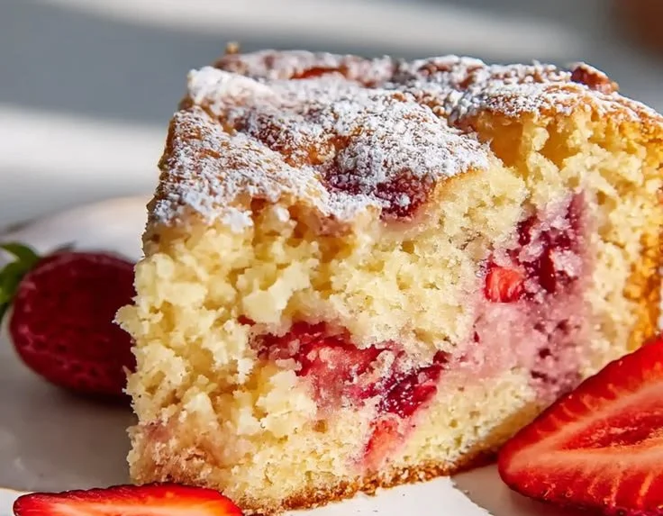 Strawberry Earthquake Cake with Cream Cheese Swirl on a baking dish