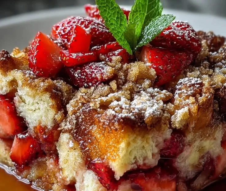 Delicious Strawberry French Toast Casserole served on a plate
