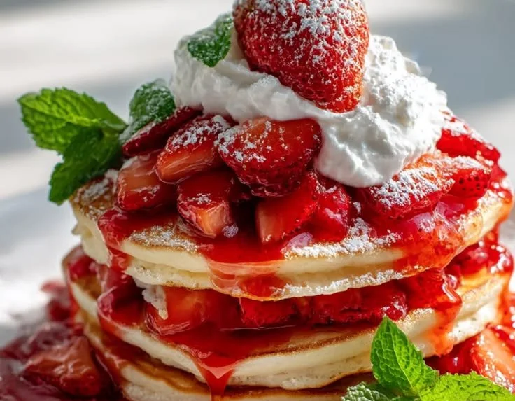 Stack of strawberry shortcake pancakes topped with fresh strawberries and whipped cream