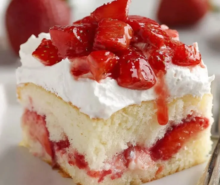Freshly baked Strawberry Shortcake sheet cake with whipped cream and strawberries