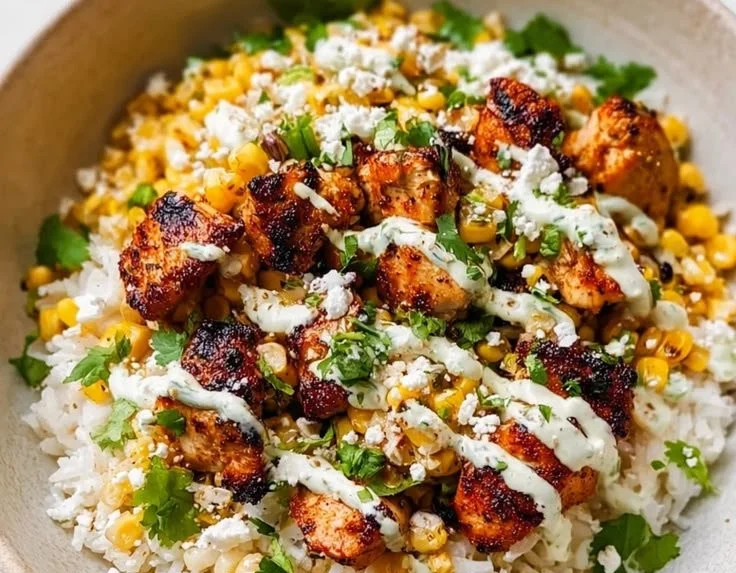 Delicious Street Corn Chicken and Rice Bowls ready to serve