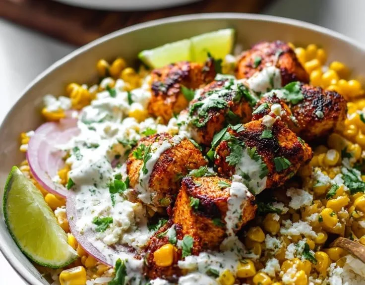 Delicious Street Corn Chicken Bowl topped with spices and fresh ingredients.