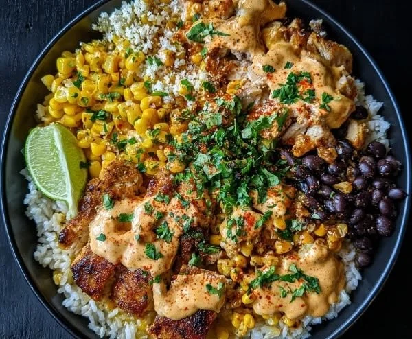 Street Corn Chicken Bowls with vibrant toppings and ingredients