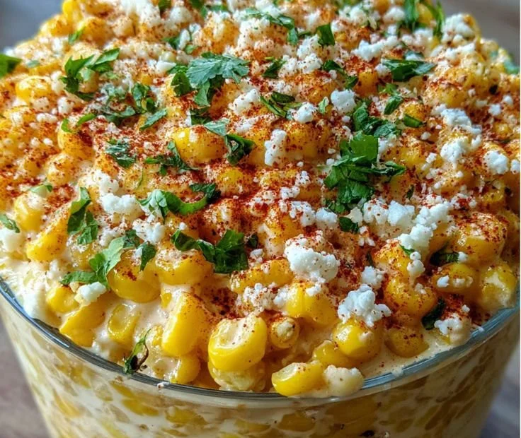 Delicious Street-Style Mexican Corn on the Cob garnished with cheese and spices