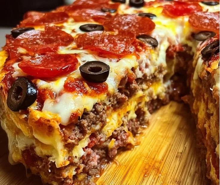 Stuffed layered pizza pie recipe with cheese and toppings