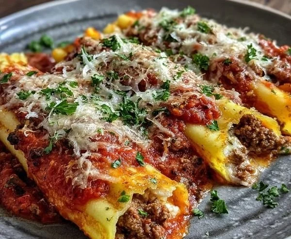 Deliciously baked stuffed manicotti in rich meat sauce topped with cheese
