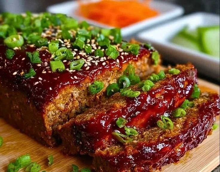 Sweet and Spicy Korean BBQ Meatloaf served with garnishes