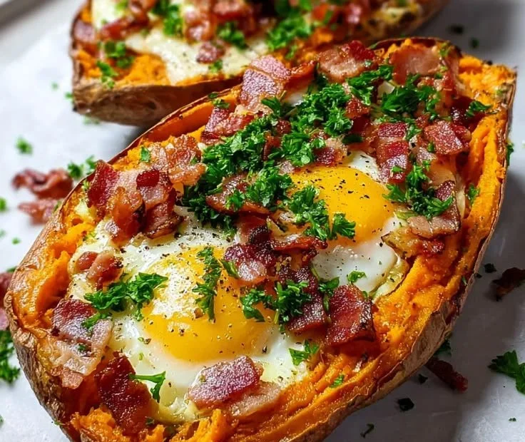 Sweet Potato Breakfast Boats topped with colorful ingredients