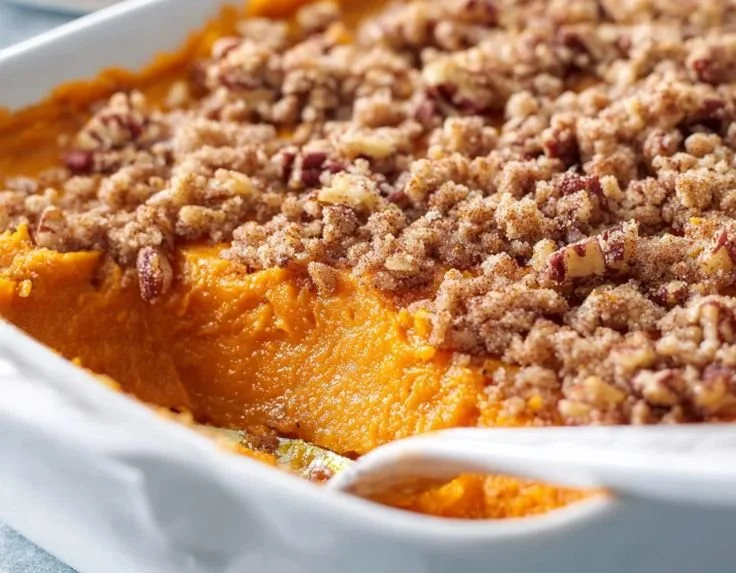 Delicious sweet potato casserole served in a dish, topped with marshmallows.