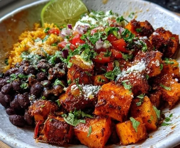 Colorful sweet potato taco bowl with toppings and garnish