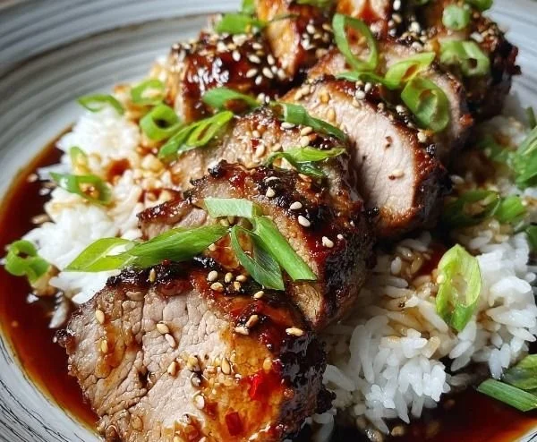 Juicy Asian pork tenderloin garnished with herbs and served with vegetables