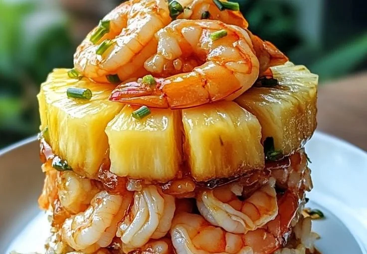 Delicious teriyaki shrimp served over a colorful pineapple rice stack