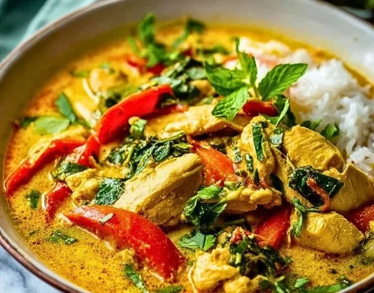 Delicious Thai Chicken Coconut Curry served in a bowl with fresh herbs