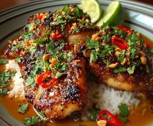 Thai spicy grilled peanut chicken dish garnished with fresh herbs
