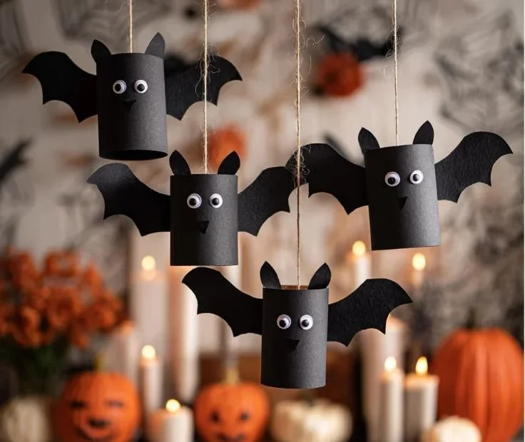 Toilet paper roll bats craft for Halloween decor.
